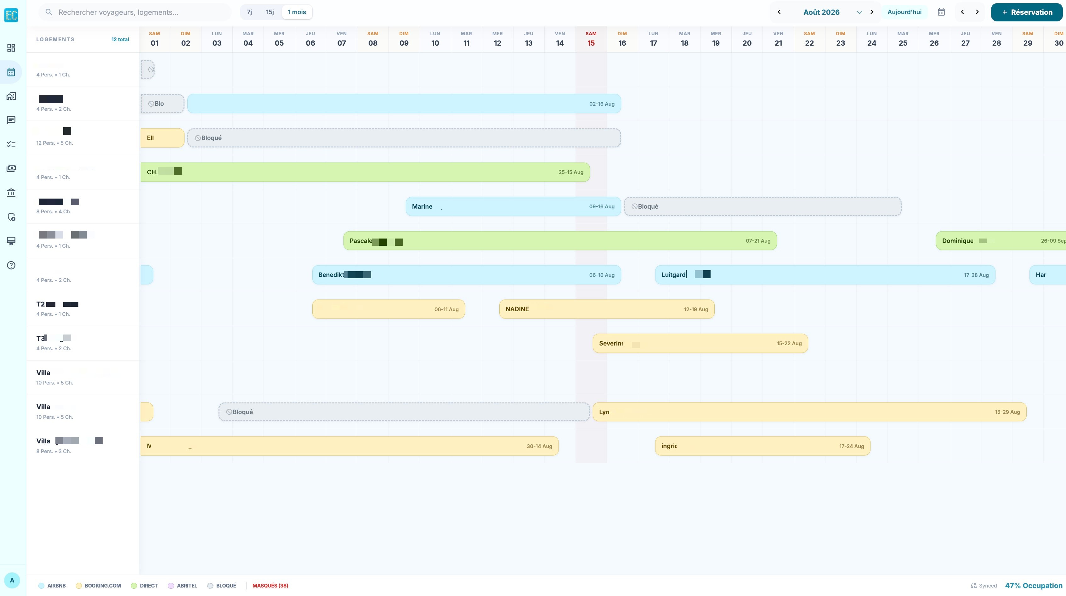 Planning des réservations - vue calendrier
