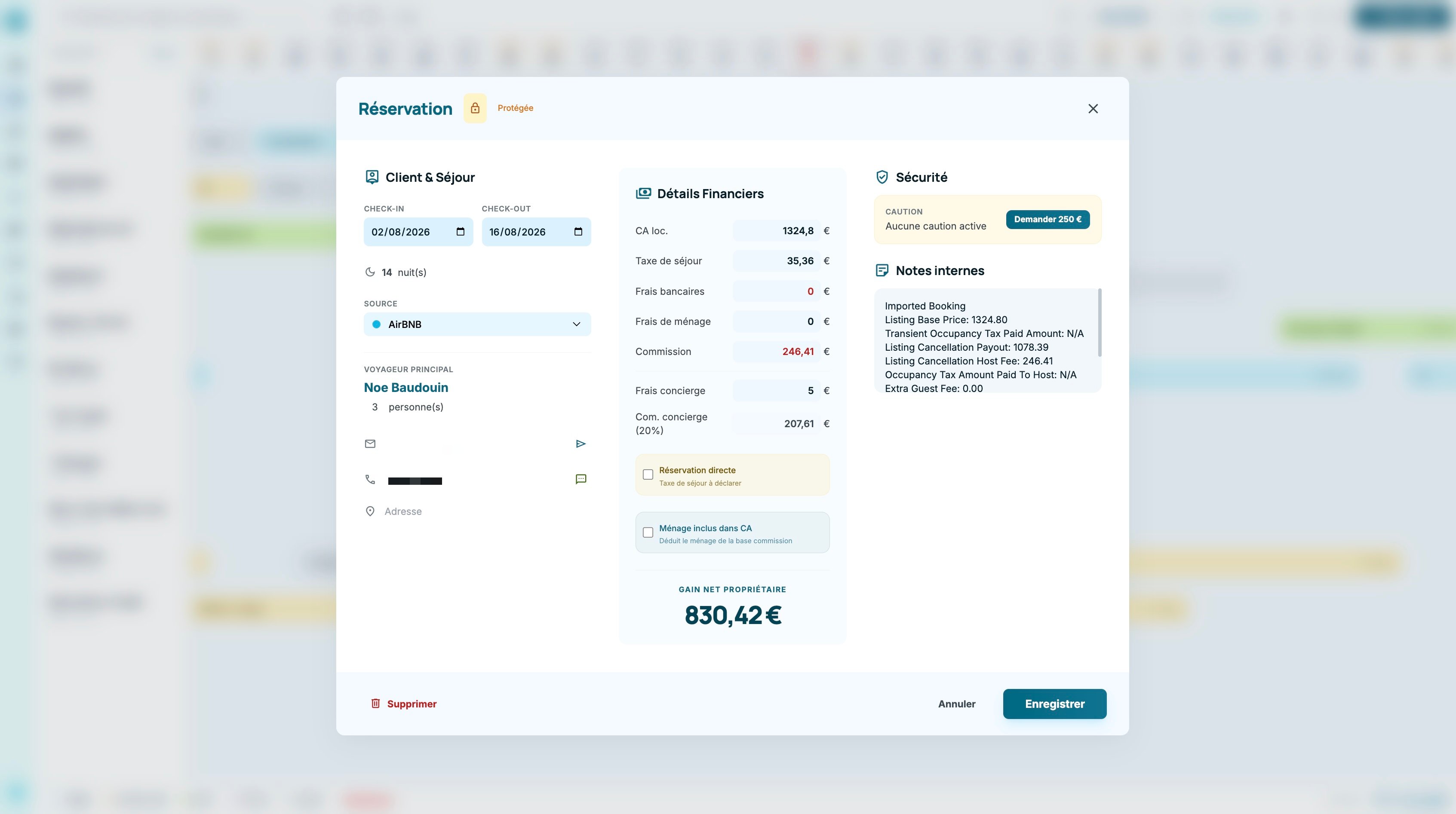 Détail financier d'une réservation