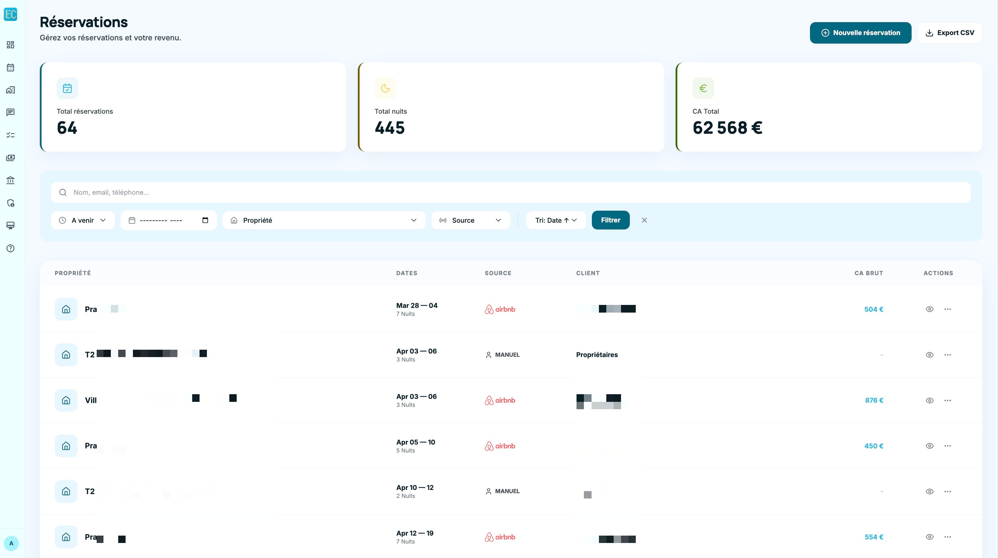 Liste des réservations avec filtres