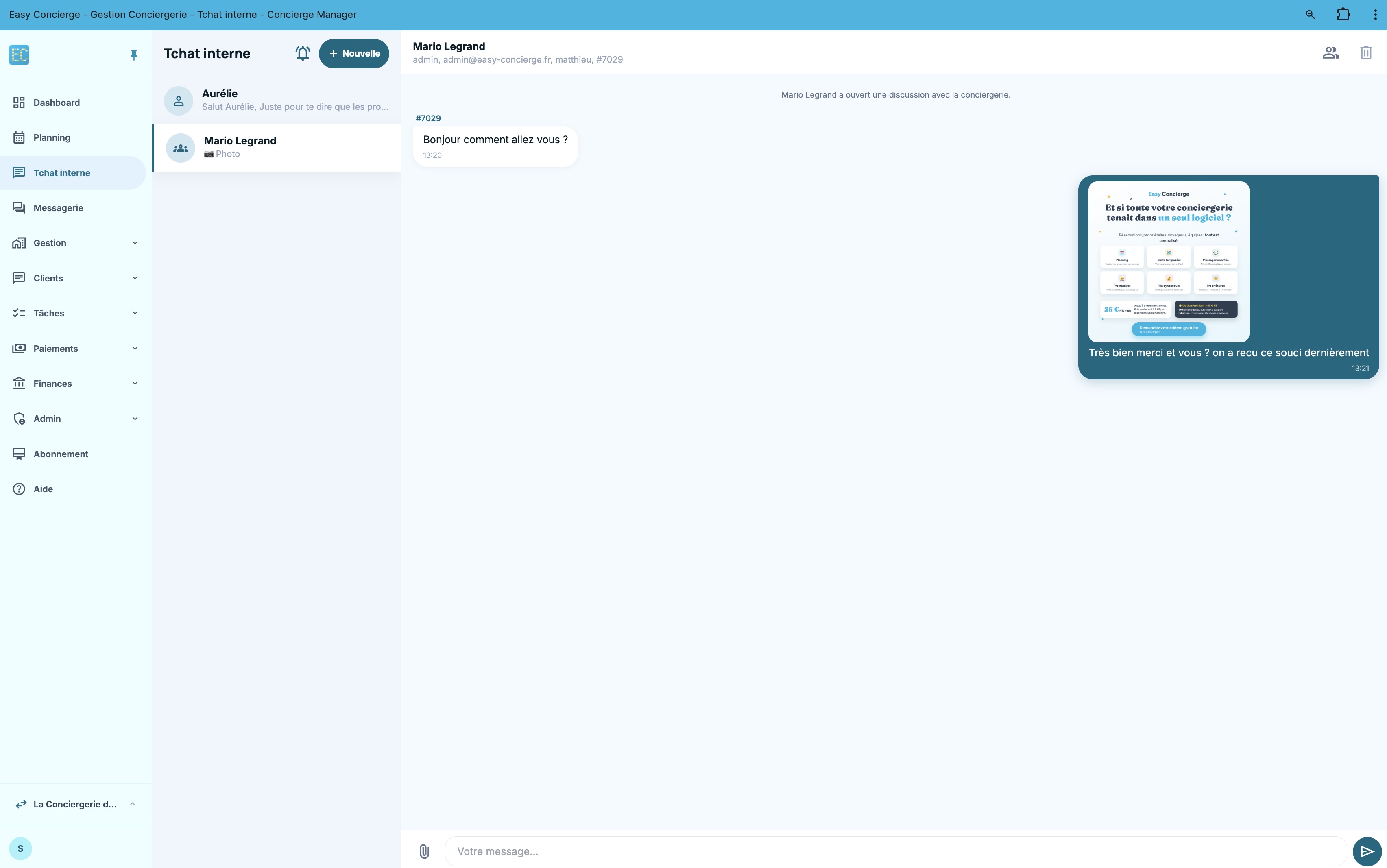 Tchat interne Easy Concierge : partage de photo dans une discussion
