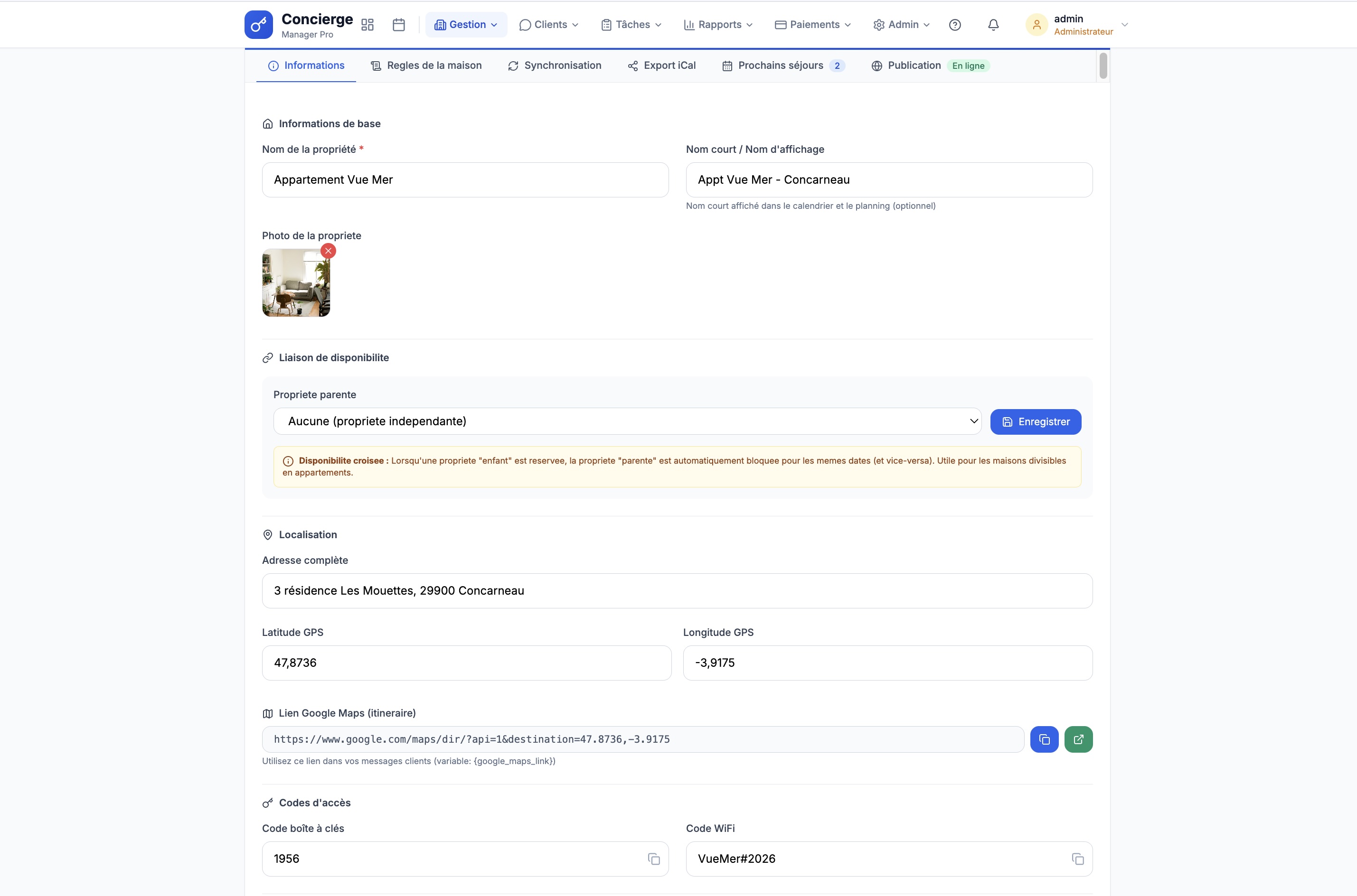 Formulaire de création : informations générales, photo, localisation, codes d'accès