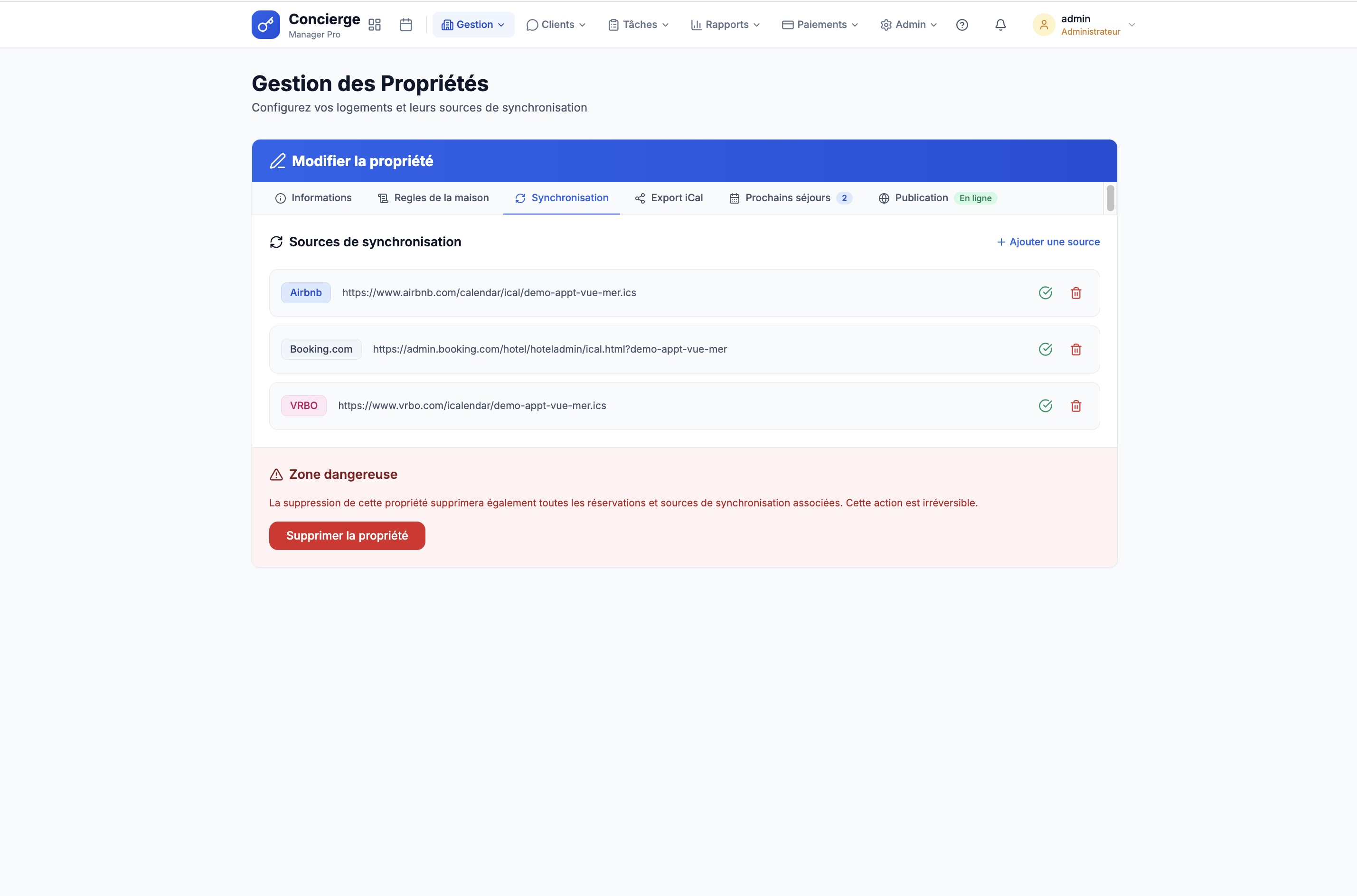 Onglet Synchronisation Channel Manager (Airbnb, Booking, VRBO)