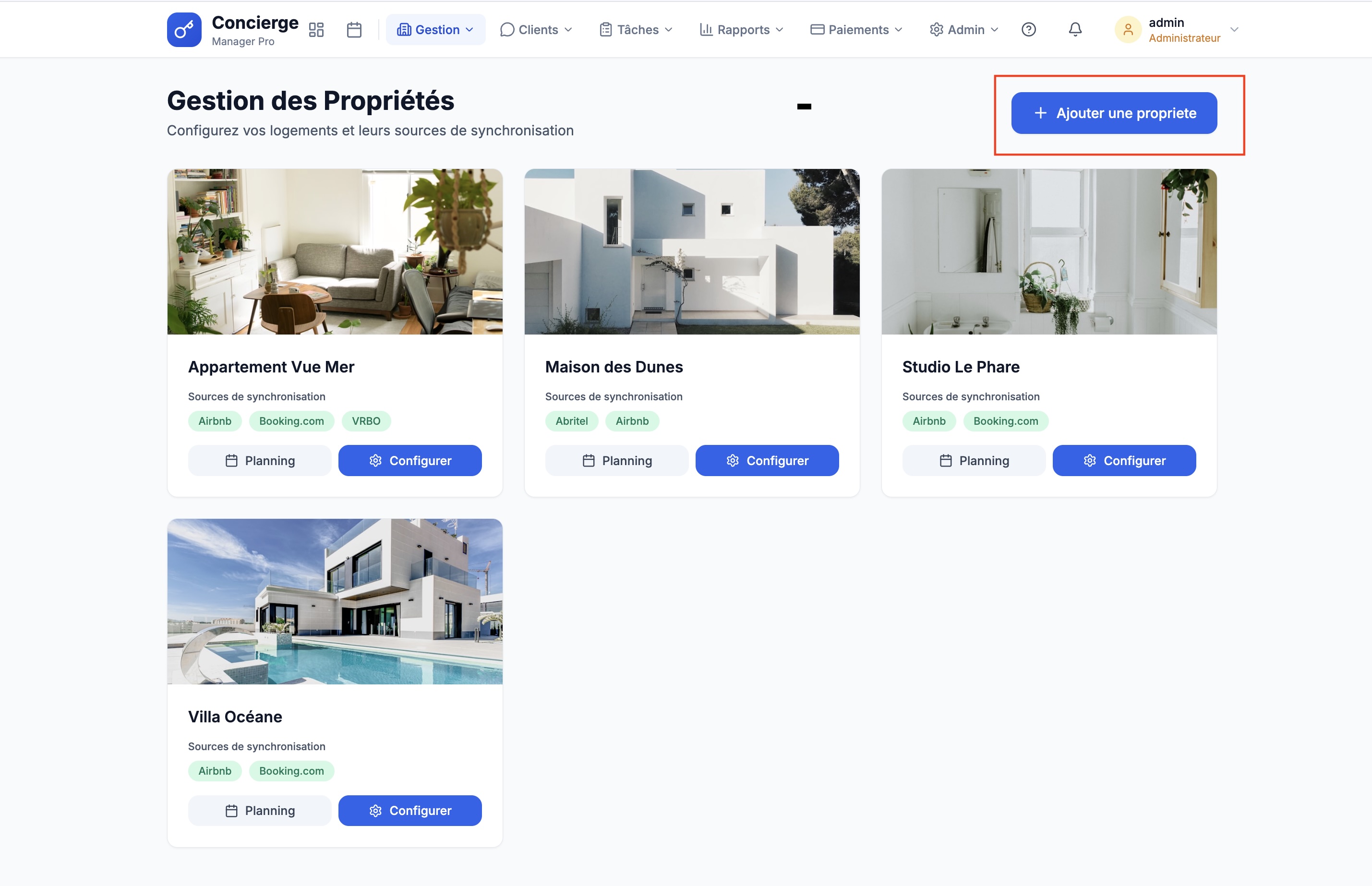 Page liste des propriétés avec bouton Ajouter une propriété
