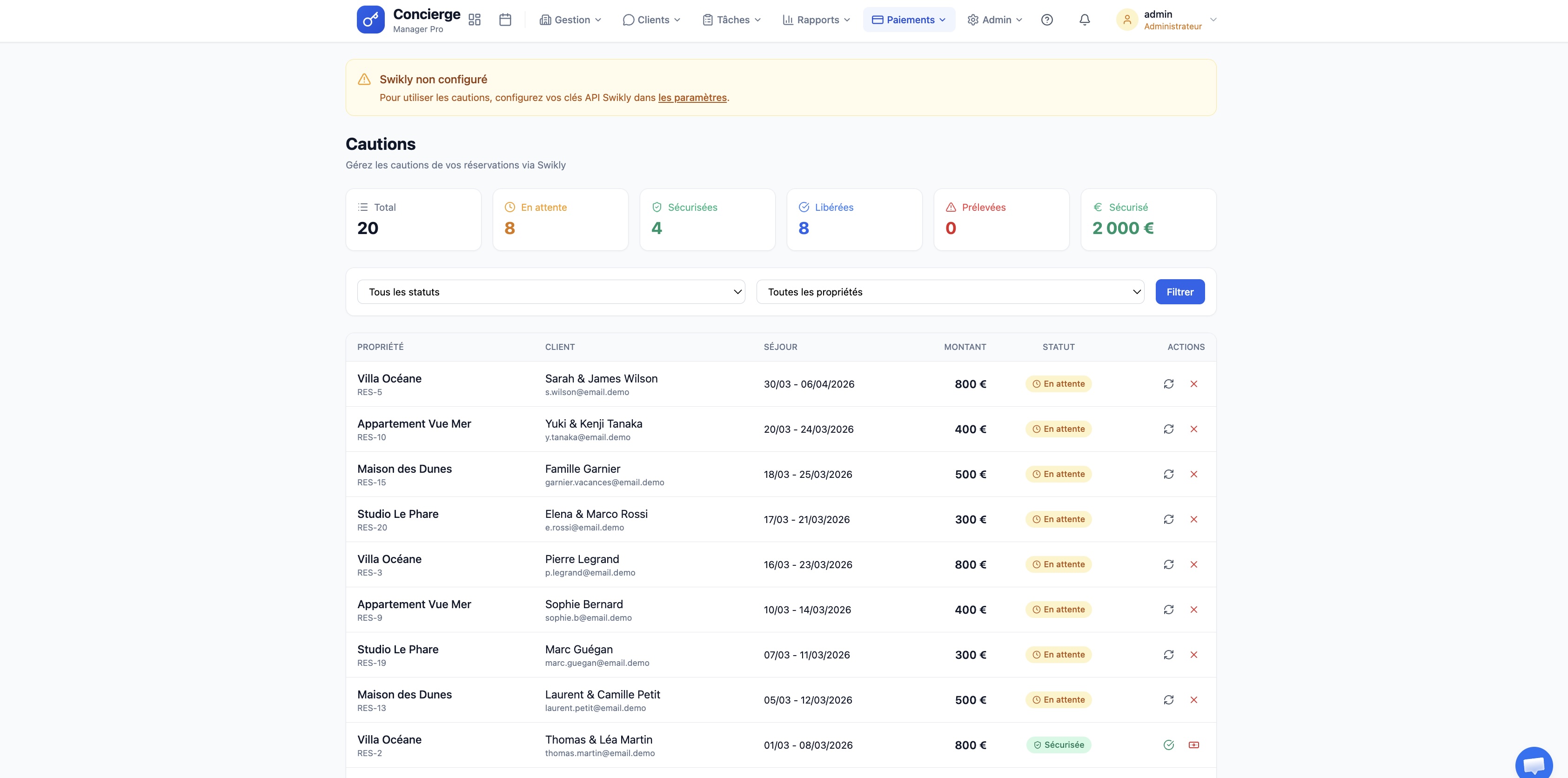 Liste des cautions avec statuts (sécurisée, libérée, encaissée)