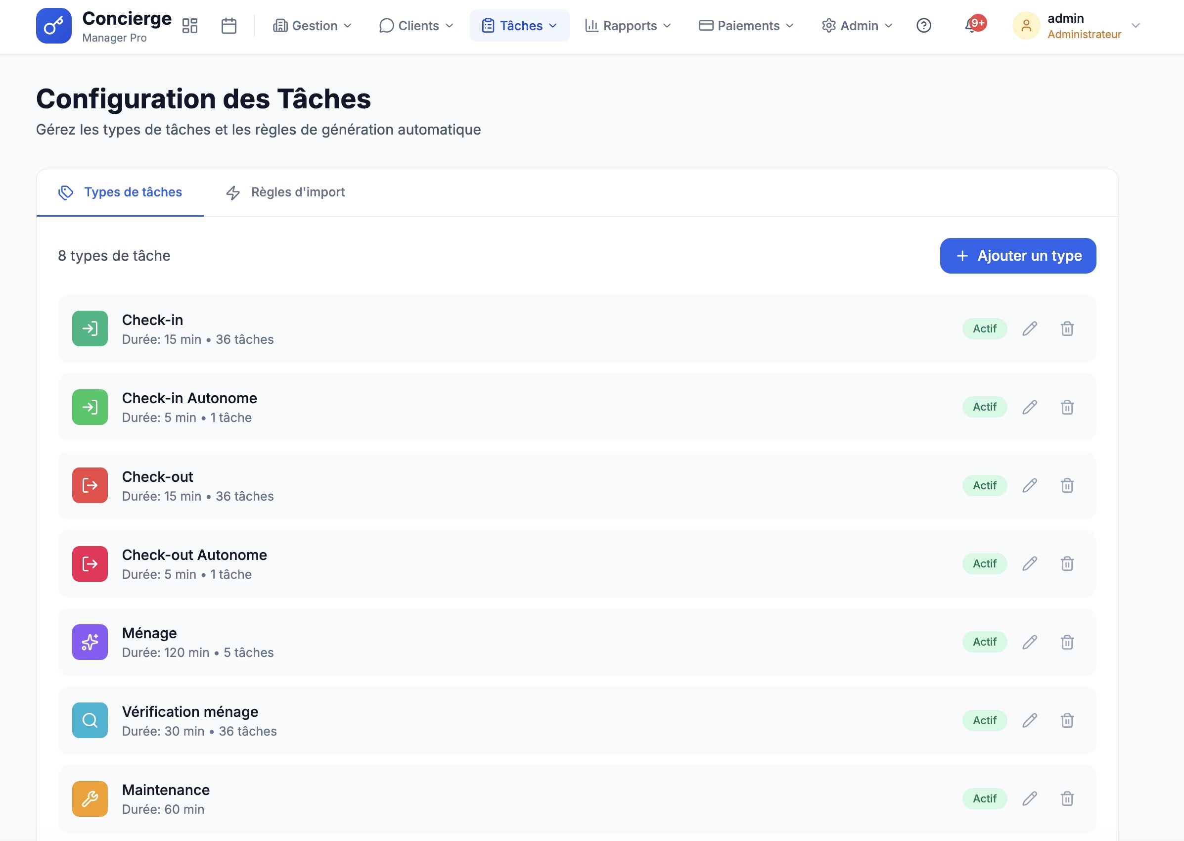 Page des types de tâches avec couleurs et durées