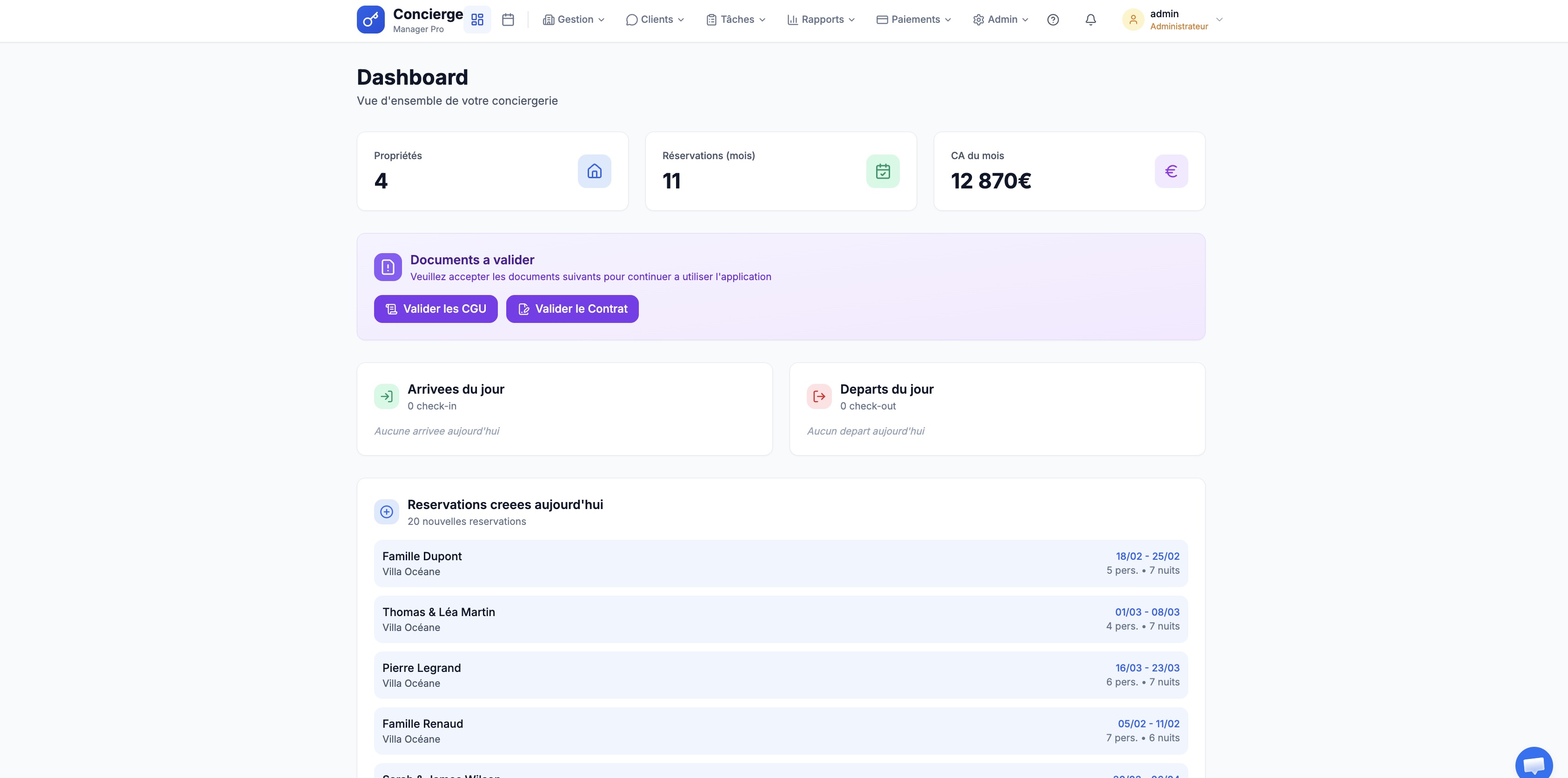 Dashboard - cartes de synthèse et arrivées du jour