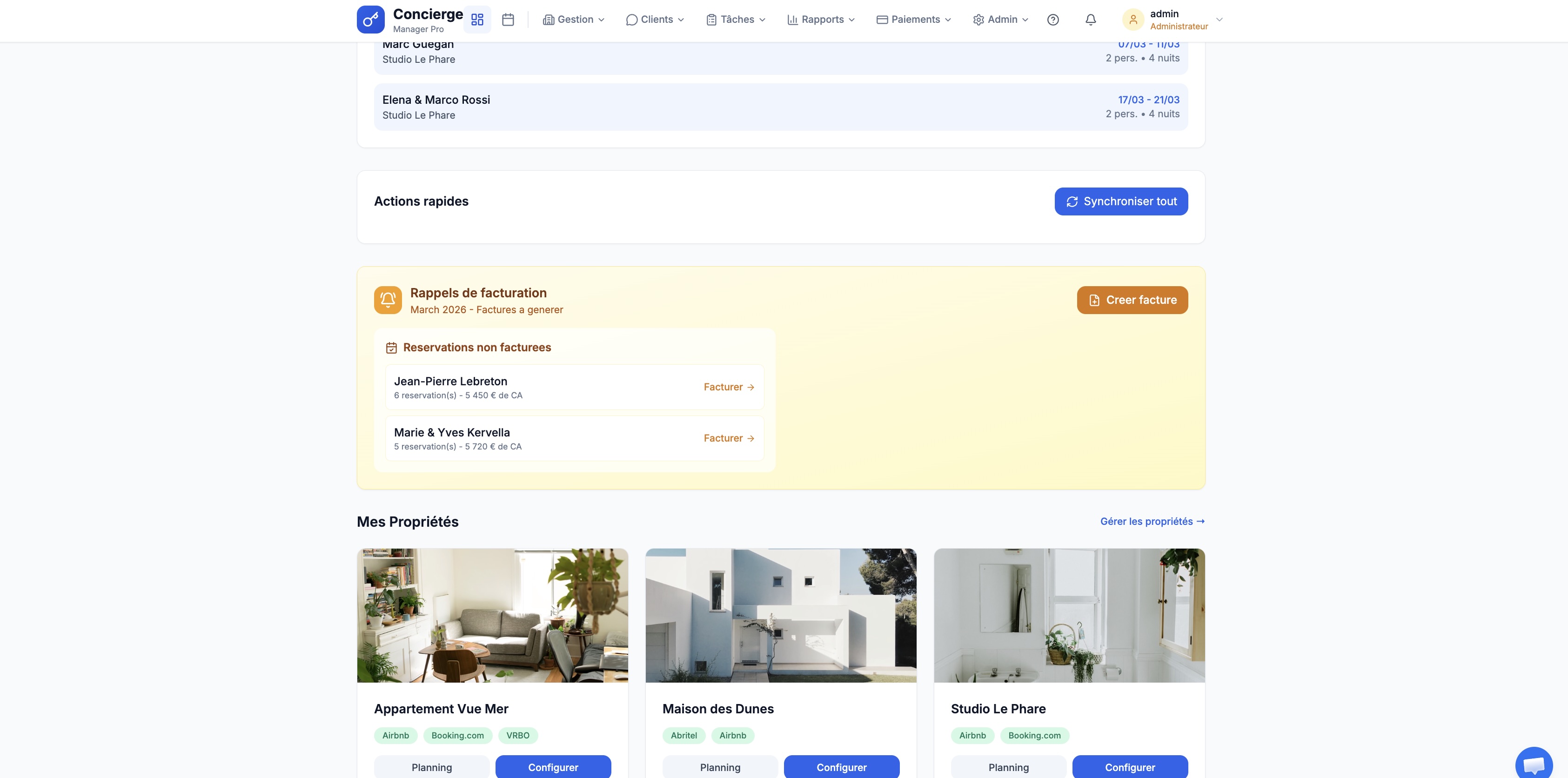 Dashboard - départs, nouvelles réservations et rappels