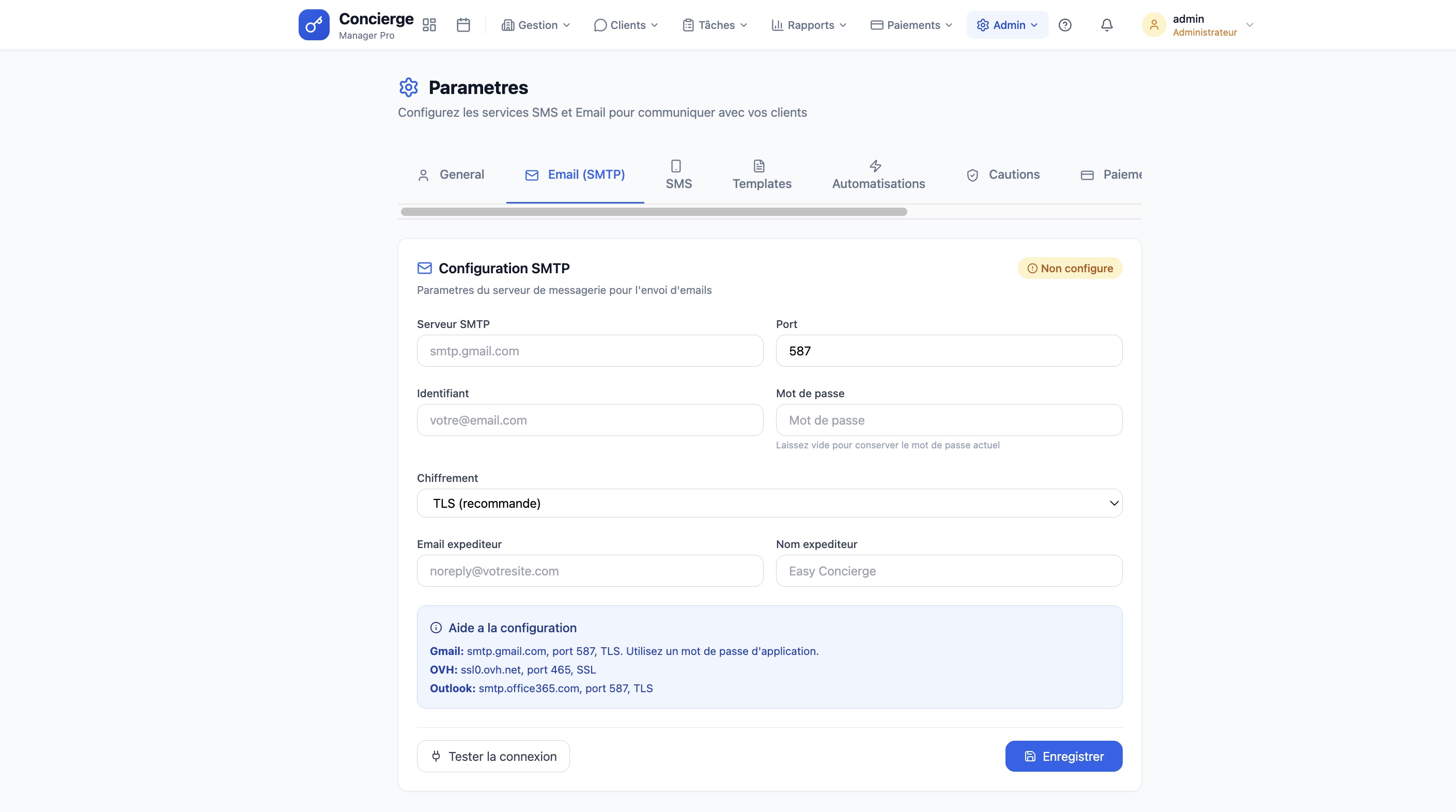 Page Paramètres - onglet E-mail (SMTP) avec les champs de configuration