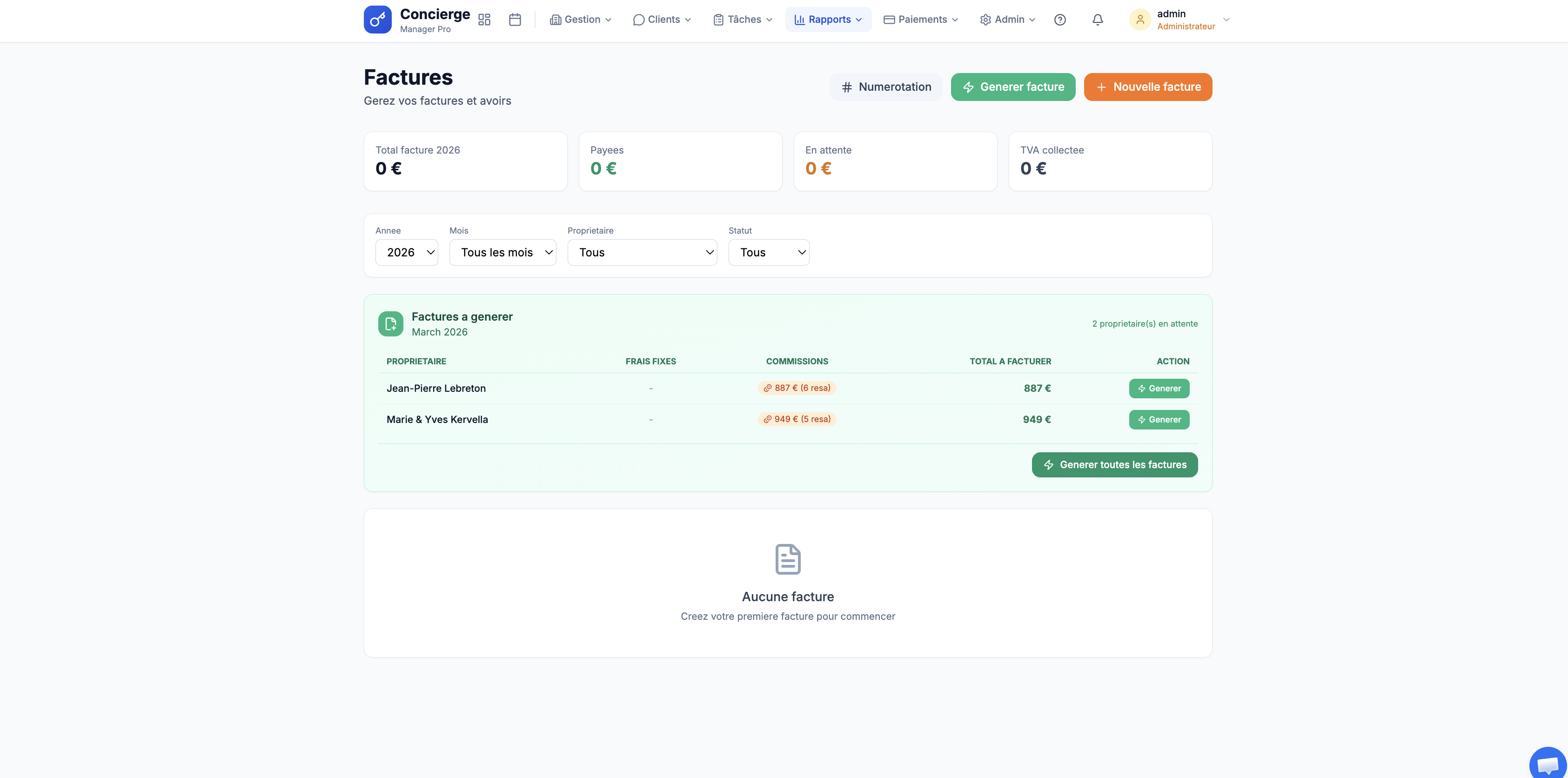 Liste des factures avec statuts et filtres