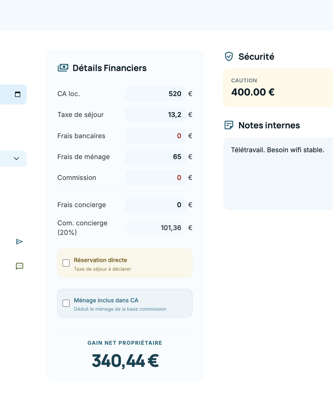 Section financière du détail d'une réservation