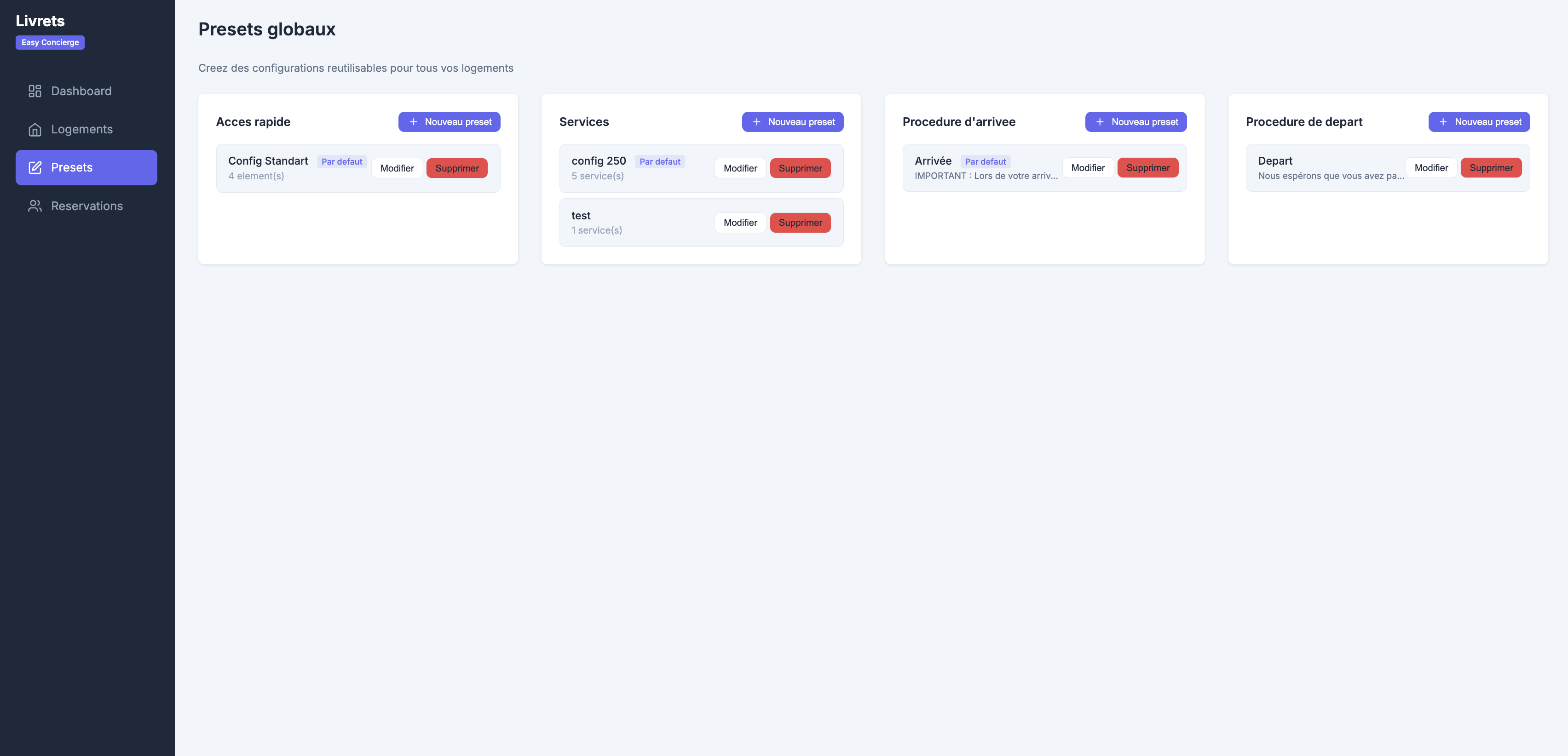 Page Presets globaux : Accès rapide, Services, Procédure arrivée, Procédure départ