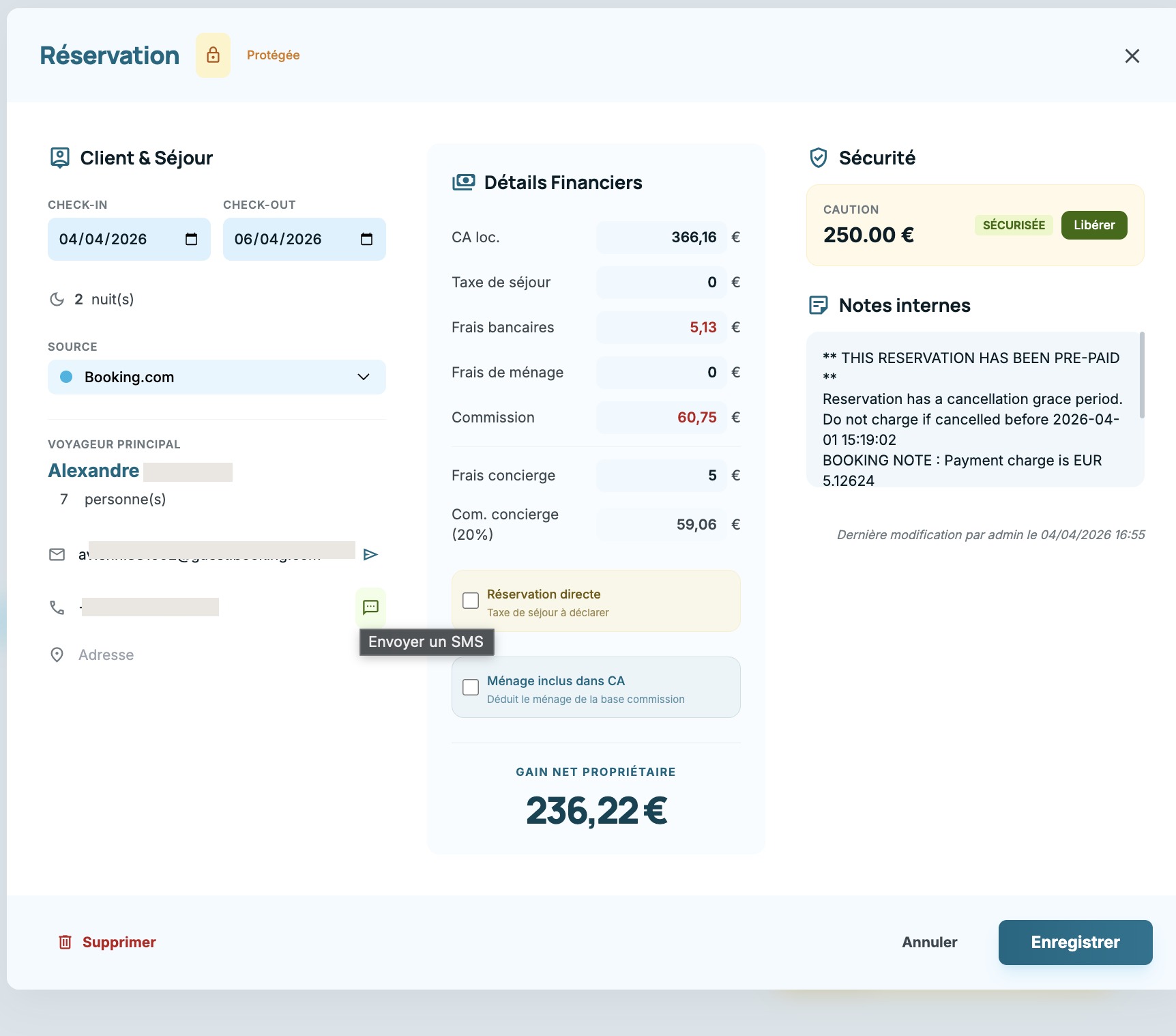Modale de modification d'une réservation dans Easy Concierge