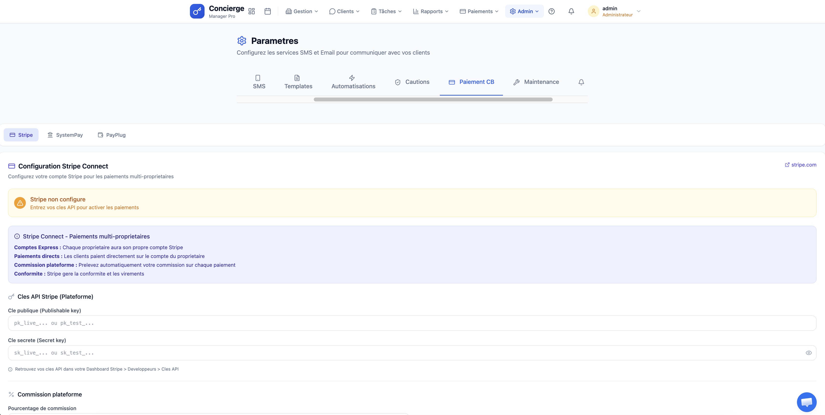 Page Paramètres - onglet Paiements