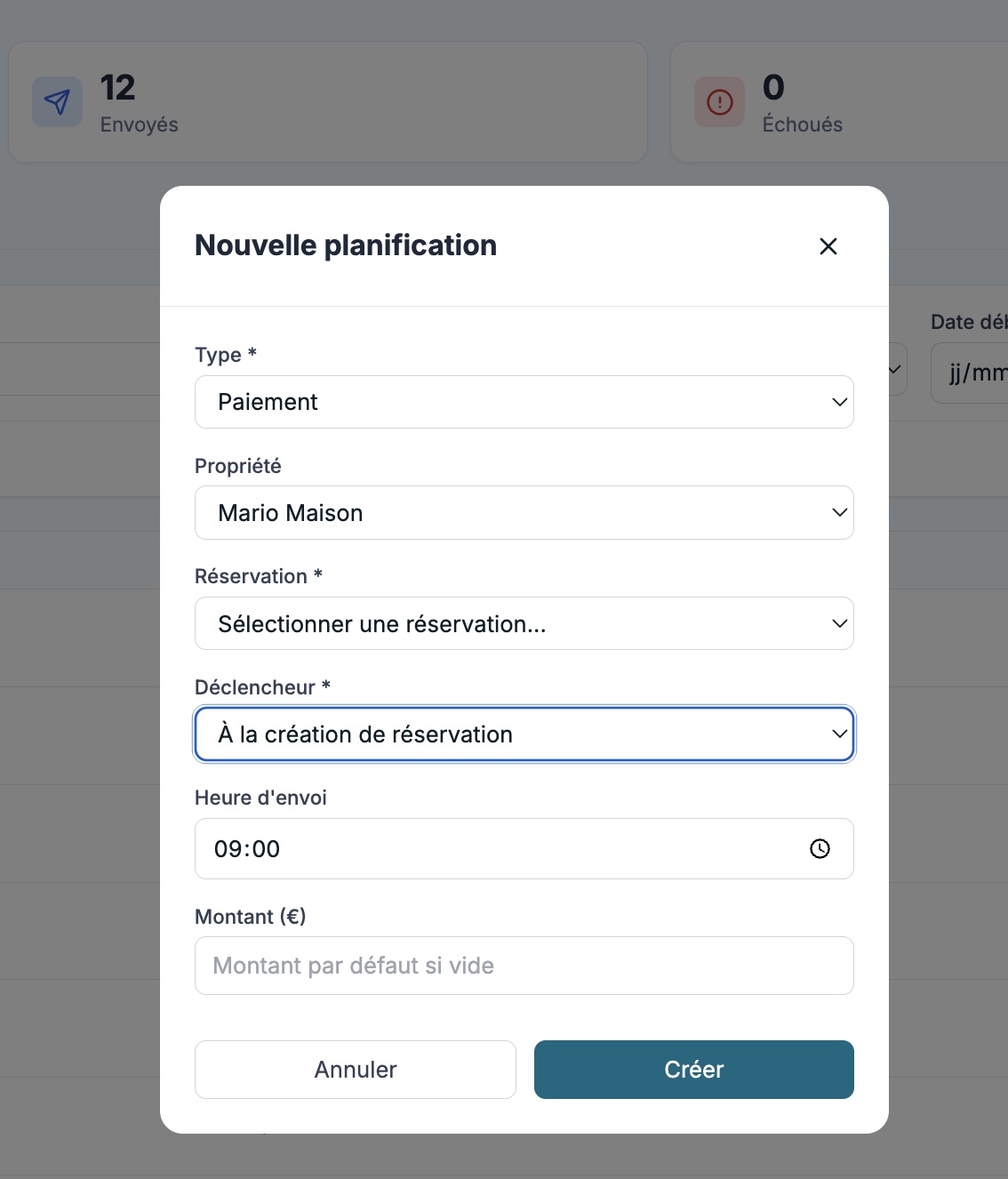 Formulaire de création d'une règle d'échéancier