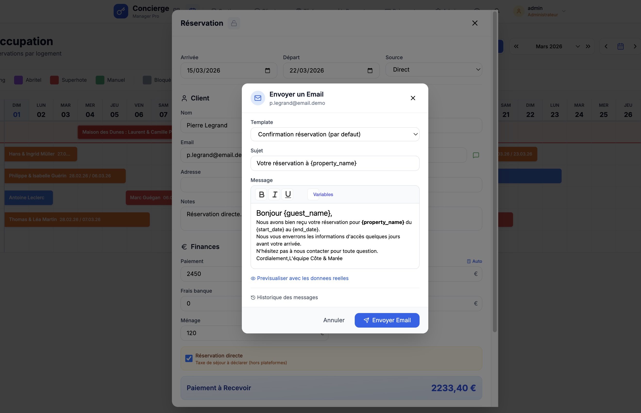Envoi d'un SMS depuis la fiche d'une réservation