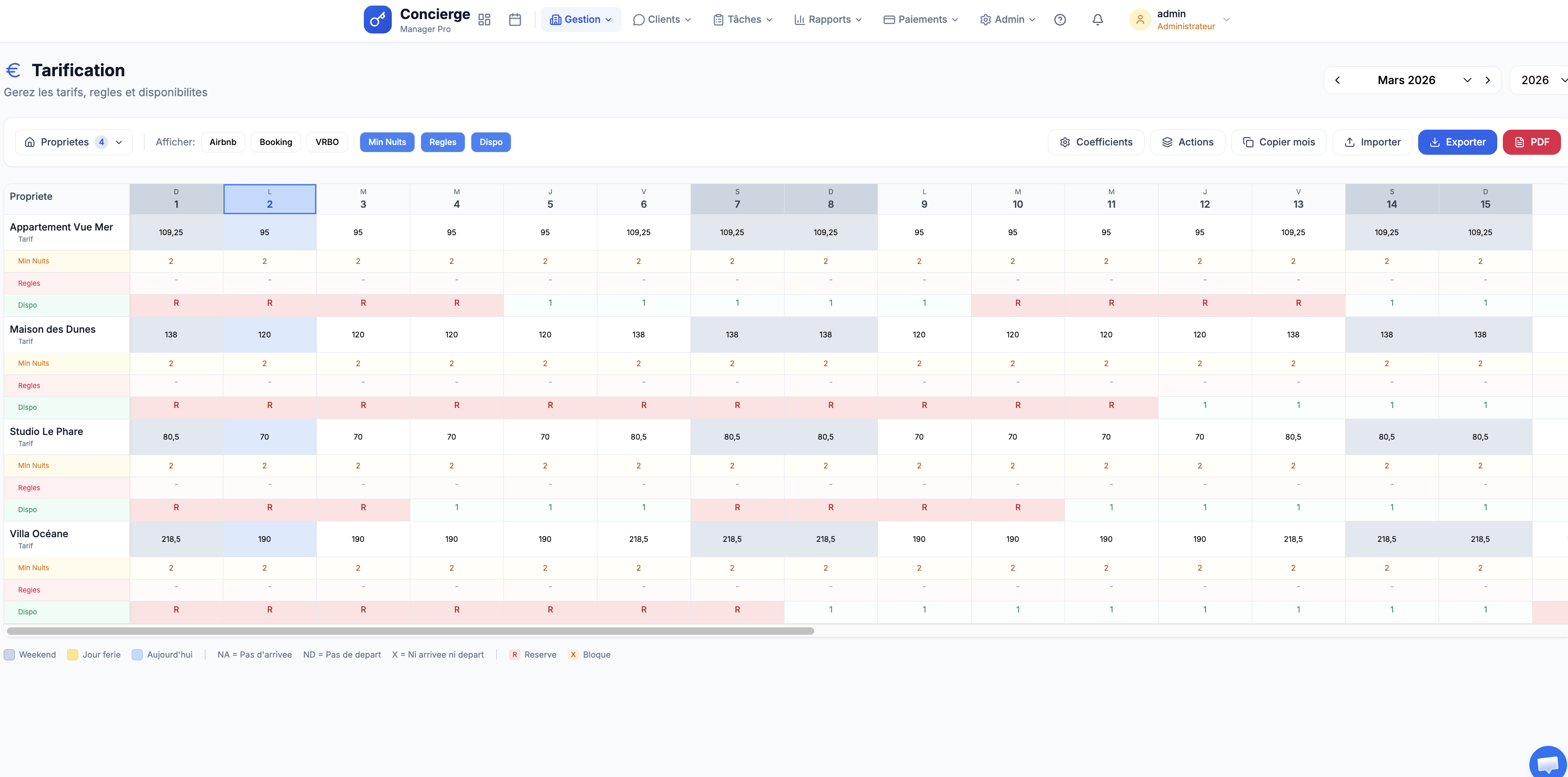 Calendrier tarifaire mensuel avec prix par nuit et lignes plateformes